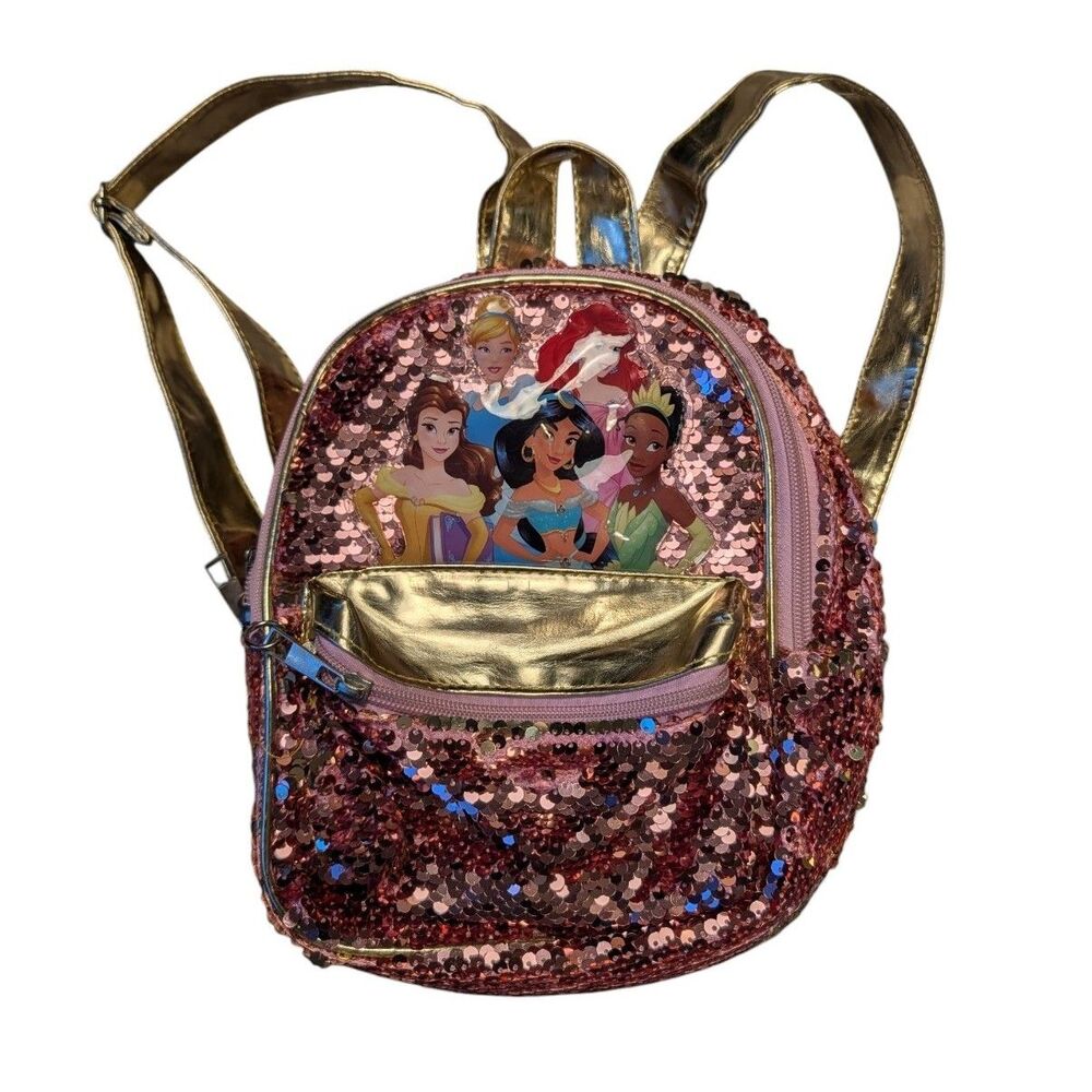 Disney Princess Pink Sequin Mini Backpack Ariel Jasmine Cinderella Belle Tiana